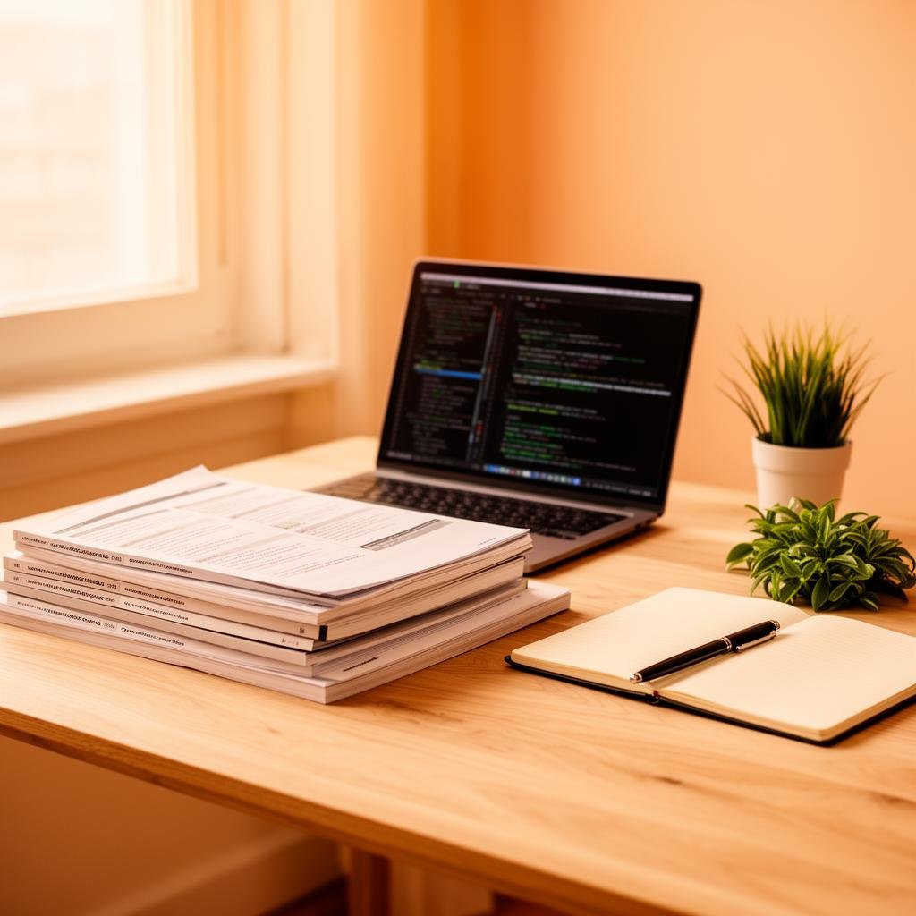 Tom Hiemstra's technical writing workspace with manuals and laptop